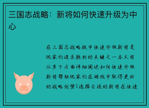 三国志战略：新将如何快速升级为中心