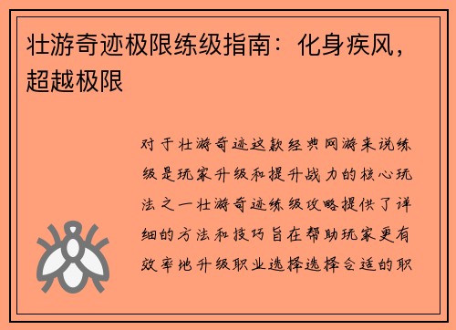 壮游奇迹极限练级指南：化身疾风，超越极限